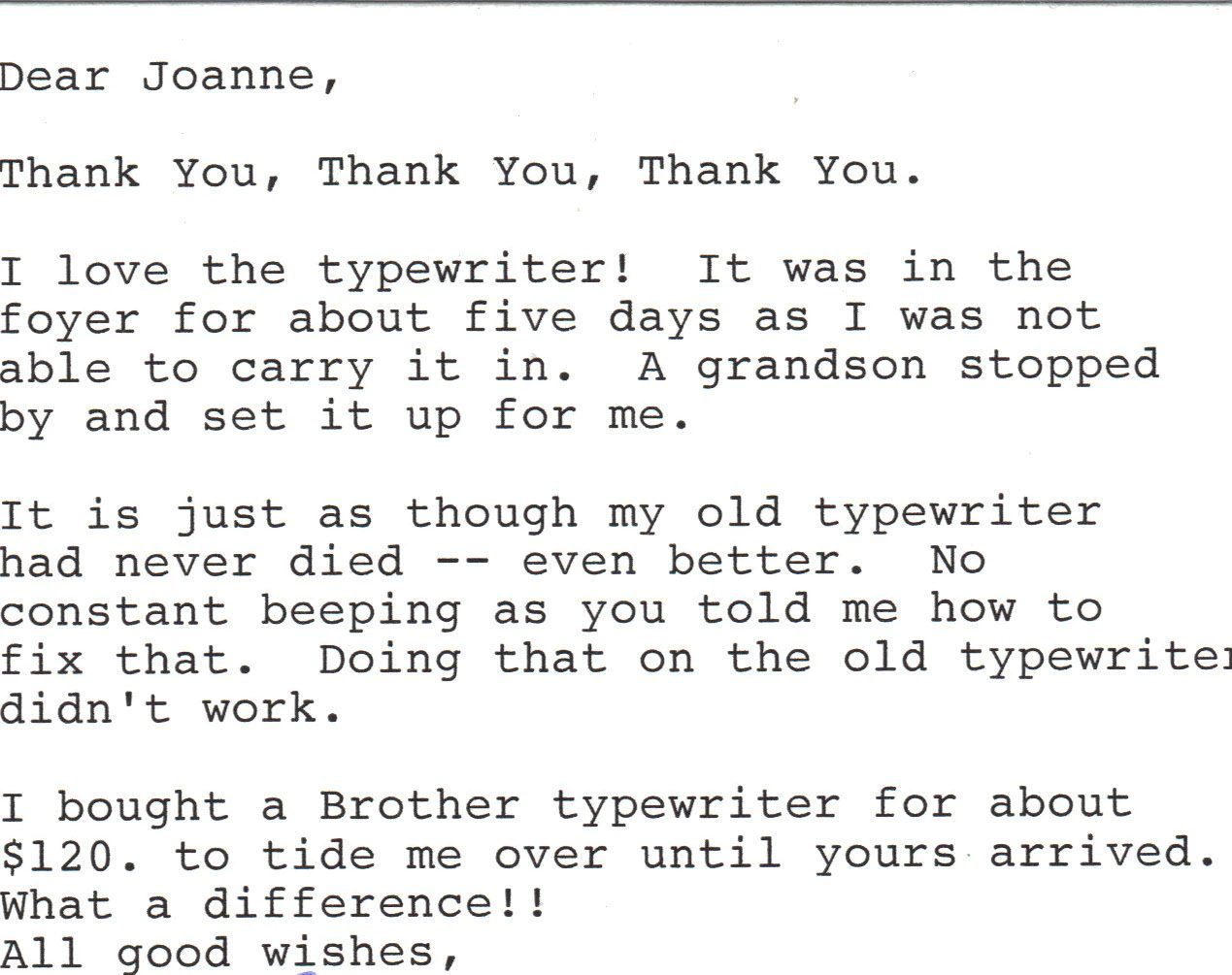 A testimonial saying "Thank You, Thank You. I love the typewriter!"